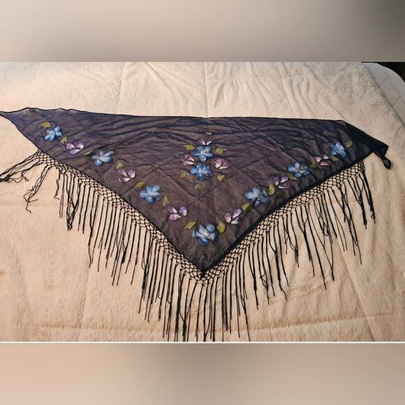 Floral Embroidered Sheer Triangle Shawl with Beads And Fringe - Picture 2 of 4